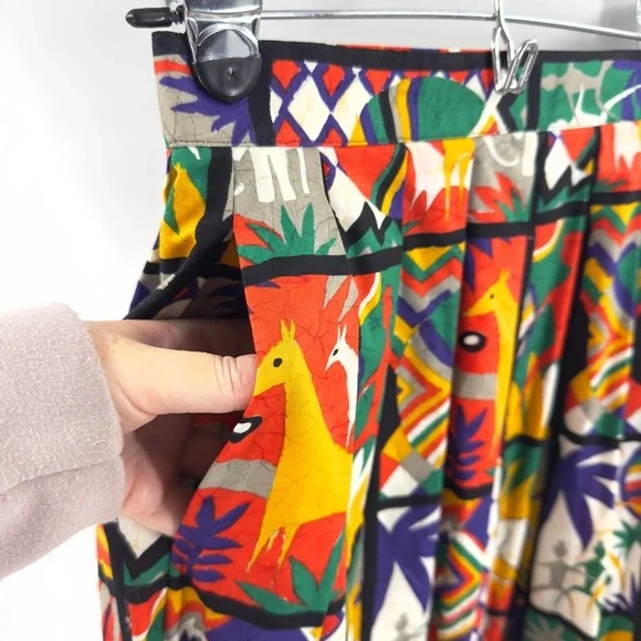 Vintage Safari Midi Skirt Womens 4 Art Statement Colorful Tribal Boho Indie USA - Picture 4 of 10